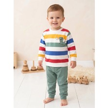 Deniva Kids Erkek Bebek Yeşil Çizgili Dinozor Nakışlı %100 Pamuk Sweatshirt Eşofman Alt Üst Takım