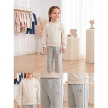 Deniva Kids Kız Çocuk Ekru Mint Yeşili Şerit Detaylı Fiyonklu Bisiklet Yaka Sweatshirt & Ispanyol Paça Pantolon 2'li Alt Üst Takım