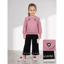 Deniva Kids Kız Çocuk Pembe Çiçek Nakışlı Yakalı Sweatshirt ve Siyah Pantolon Takım