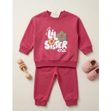 Deniva Kids Kız Çocuk Pembe Çiçek Nakışlı Baskılı Uzun Kollu Alt Üst 2'li Eşofman Takımı