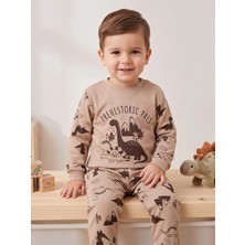 Deniva Kids Erkek Bebek Kahve Dinozor Baskılı %100 Pamuklu Uzun Kollu Alt Üst Eşofman / Pijama Takımı