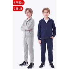 Fyk Kids Erkek Çocuk 3 Iplik Düz Basic Fermuarlı Dik Yaka Çift Cepli 2'li Eşofman Takımı 4 Parça