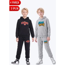 Fyk Kids 3 Iplik Baskılı Kışlık Kanguru Cepli Kapüşonlu Erkek Çocuk 2'li Eşofman Takımı 4 Parça