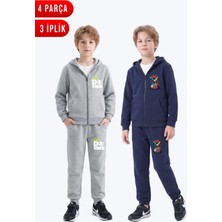 Fyk Kids 3 Iplik Baskılı Erkek Çocuk Fermuarlı Kapüşonlu 2'li Eşofman Takımı 4 Parça