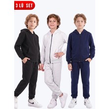 Fyk Kids Erkek Çocuk 3'lü Düz Basic Fermuarlı Kapüşonlu Çift Cepli Eşofman Takımı