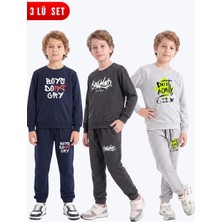 Fyk Kids 3'lü Erkek Çocuk Baskılı Bisiklet Yaka Çift Cepli Eşofman Takımı