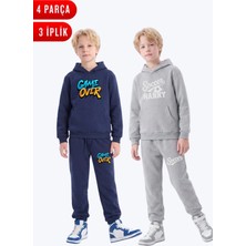Fyk Kids 3 Iplik Baskılı Kışlık Kanguru Cepli Kapüşonlu Erkek Çocuk 2'li Eşofman Takımı 4 Parça