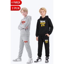 Fyk Kids 3 Iplik Baskılı Kışlık Kanguru Cepli Kapüşonlu Erkek Çocuk 2'li Eşofman Takımı 4 Parça