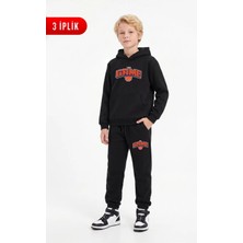 Fyk Kids 3 Iplik Baskılı Kışlık Kanguru Cepli Kapüşonlu Erkek Çocuk Eşofman Takımı