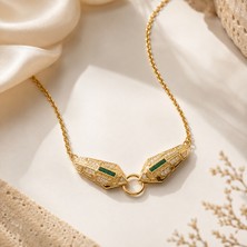Zümrüt Işık 45 cm Yeşil Taşlı Gold Paslanmaz Çelik Kadın Kolye