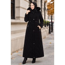 Hafsa Mina Baklava Desen Tam Boy Nova Kapitone Mont Siyah HM2964