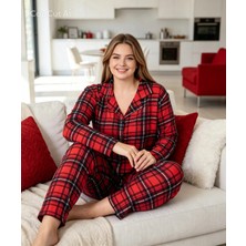 NiCe İç Giyim Büyük Beden Kırmızı Ekoseli Şık Rahat Yumuşak Uzun Kollu Gömlek Yaka Düğmeli Kadın Pijama Takım (3xl-4xl-5xl Beden)