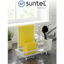 Suntel Mutfak Lavabo Üstü Düzenleyici Organizer - Beyaz Metal Süngerlik, Deterjanlık ve Bez Askılı Stand