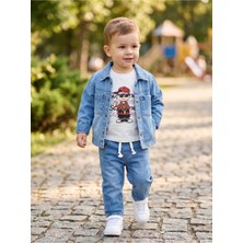 Deniva Kids Erkek Bebek Kot Ceket Sweatshirt ve Pantolon 3'lü Kot Takım Baskılı Sweat Takım
