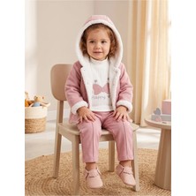 Deniva Kids Kız Bebek Pelüş Detaylı Kapüşonlu Ceket, Fiyonk Baskılı Bluz ve Eşofman Altı 3'lü Kışlık Takım