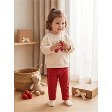 Deniva Kids Kız Bebek Kırmızı Ekose Pantolonlu Çilek Baskılı Sweatshirt 2'li Pamuklu Alt Üst Takım