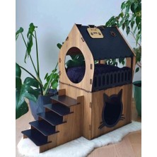 Atölye Stand-Art XXL Ahşap İki Katlı Merdivenli Kedi Evi – Teraslı Lüks Kedi Villası (XXL)