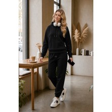 EYDAMOON 3 Iplık Kışlık Kesik Cepli Eşofman Takımı Sweatshirt Jogger - Rahat Kesim Şardonlu Kapüşonlu