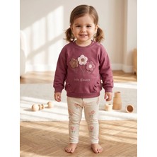 Deniva Kids Kız Bebek Gül Kurusu 3 Boyutlu Çiçek Nakışlı Fırfırlı Sweatshirt ve Kaşkorse Tayt 2'li Takım