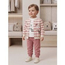 Deniva Kids Kız Bebek Ayıcık Baskılı Çizgili Ceketli 3'lü Takım Pudra Pembe