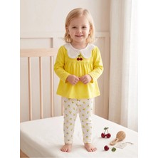 Deniva Kids Kız Bebek & Çocuk Dantel/örgü Bebe Yaka Kiraz Nakışlı Tunik ve Ribana Çiçek/kiraz Desenli Tayt 2'li Alt Üst Takım