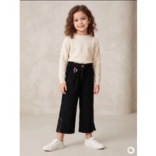 Deniva Kids Kız Çocuk Siyah Beli Lastikli Paçası Taş ve Yırtmaç Detaylı Rahat Kalıp Keten Pantolon