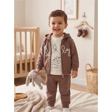 Deniva Kids Erkek Bebek Kulaklı Kapüşonlu Fermuarlı Hırka Tavşan Baskılı Sweatshirt ve Eşofman Altı 3'lü Takım