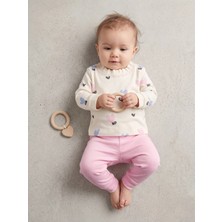 Deniva Kids Kız Bebek Dantel Yaka Kalp Desenli Uzun Kollu Sweatshirt ve Paçası Ribanalı Tayt/pantolon 2'li Alt Üst Takım