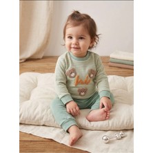 Deniva Kids Bebek Mint Yeşili Çizgili Kabartma Ayıcık Nakışlı Pamuklu 2'li Alt Üst Takım