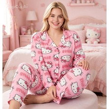 NiCe İç Giyim Sevimli Kedi Desen Pembe Renkli Battal Büyük Beden Uzun Kol Gömlek Yaka Kadın Pijama Takım Yumuşak Rahat Eğlenceli (3xl-4xl-5xl)