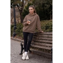 EYDAMOON Kadın Kışlık 3ip Içi Polarlı Kapüşonlu Kesik Cepli Oversize Sweatshirt