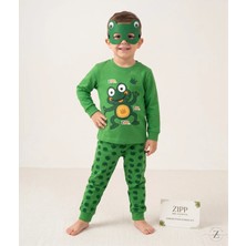 Deniva Kids Erkek Çocuk Yeşil Kurbağa Baskılı Uzun Kollu Pijama Takımı ve Uyku Maskesi Seti