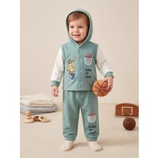 Deniva Kids Erkek Bebek Mint Yeşili Kapüşonlu Yelek Görünümlü Baskılı Eşofman Takımı Alt Üst 2'li Takım