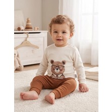 Minimal Erkek Bebek Gözlüklü Ayıcık Baskılı Omuzdan Düğmeli Sweatshirt ve Beli Lastikli Eşofman Alt Üst Takım