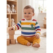 Deniva Kids Erkek Bebek Dinozor Baskılı Çizgili 2'li Eşofman Takımı Sweatshirt & Eşofman Altı