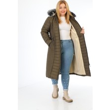 TUTveAL Collection Kadın Hardal Içi Kürklü Mont Uzun Kapitone Mont Kapüşonlu Büyük Beden Mont