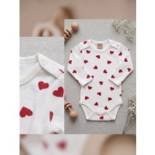 Deniva Kids %100 Pamuklu Kalp Baskılı Fitilli Uzun Kol Bebek Body Zıbın