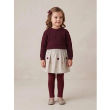 Deniva Kids Kız Çocuk Bordo Triko Kazak ve Çiçek Nakışlı Keten Etekli 2'li Ikili Takım