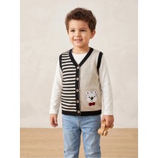 Deniva Kids Unisex Çocuk Çizgili ve Ayıcık Figürlü Düğmeli Triko Süveter Yelek