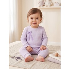 Deniva Kids Kız Bebek Lila Fitilli Kaşkorse Fiyonk Detaylı Omuzdan Çıtçıtlı Uzun Kollu Alt Üst Takım