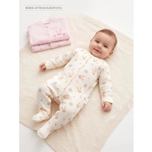 Deniva Kids Kız Bebek 3'lü Pembe Tavşan Desenli Pamuklu Uzun Kollu Ribana Tulum Seti