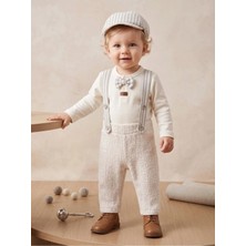 Deniva Kids Bebek Bej Askılı Pantolon Fiyonklu Body ve Kasket Şapkalı 3'lü Takım Doğum Günü ve Özel Gün Seti
