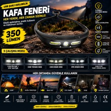 Tekno Hediye Kafa Feneri 350 Lümen USB Şarjlı 5 Mod 230° Geniş Aydınlatma Hareket Sensörlü Type-C 1200MAH Ipx4 LED Başlık Feneri Kamp Yürüyüş Balık Avı Oto Tamir Acil Durum