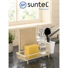 Suntel Mutfak Lavabo Üstü Düzenleyici Organizer - Bej Metal Süngerlik, Deterjanlık ve Bez Askılı Stand