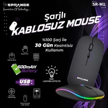 Sprange Sr‑m1 Şarjlı Kablosuz (Bluetooth USB 2.4 ghz) Mouse – 800/1200/1600 DPI, Rgb Led, Type‑c