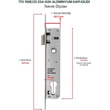İto Kilit İto 156E 25 mm C60 Alüminyum Kapı Kilidi + 62 mm Silindir Kilit Göbeği Takımı
