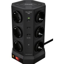 Bontec Akım Korumalı Kule Tipi Priz, 12'li Priz Soketi, 12X Fiş Soketi, 3x USB Girişi, 2x Type-C Girişi, 20W Hızlı Şarj, Isıya Dayanıklı Yapı, 2 Metre Kablo, Aşırı Gerilim Koruyucu (230V/16A /1050J)
