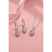 Gümüş Pazarım Pembe Taşlı Kalp Gümüş Set