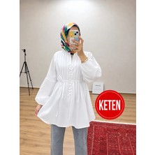 Moonsc Kadın Rahat Kalıp Nervürlü Beyaz Keten Tesettür Gömlek