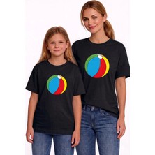 Vodexa Anne Kız Çocuk Kombin Oversize Tişört Twin T-Shirt Mavi Top Baskılı
